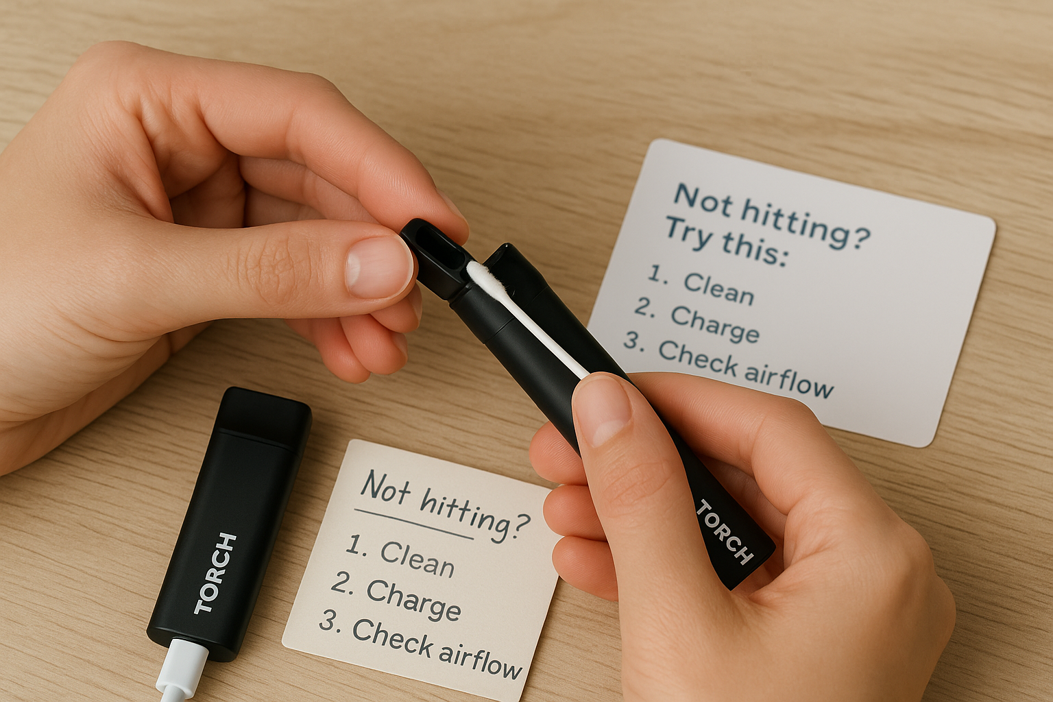 Hands cleaning the mouthpiece of a Torch vape while it charges, with a card listing basic troubleshooting tips like clean, charge, and airflow check.