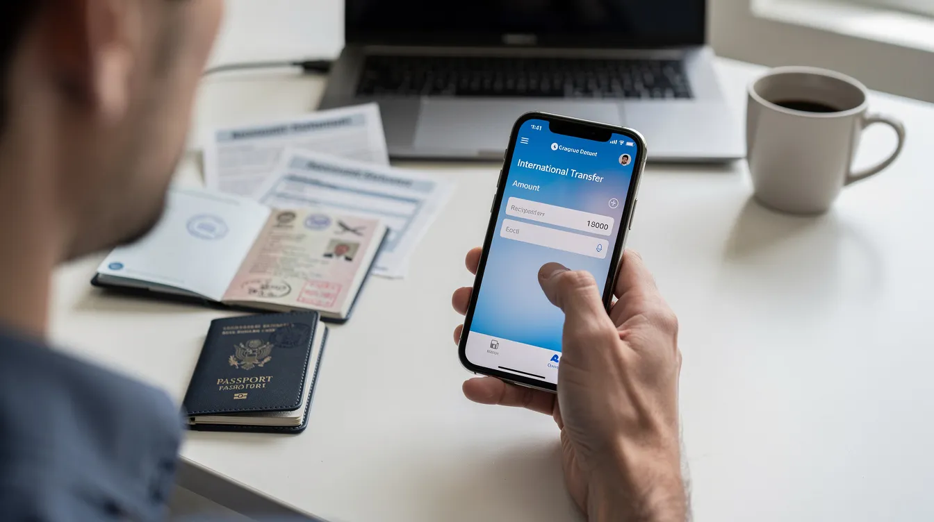 A person is sitting at a desk using a smartphone to send an international money transfer, with a passport and important documents placed nearby. This scene reflects the process of cross-border payments, showcasing the convenience of financial transactions through a chartered bank like Standard Chartered.