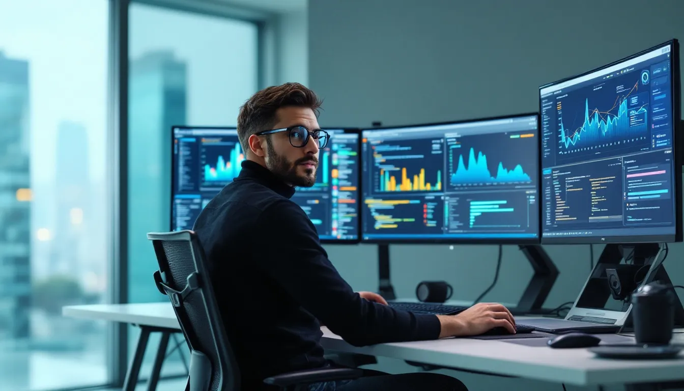 A professional data engineer is focused on analyzing data from multiple monitors, each displaying various data dashboards that illustrate data transformations and data pipelines. The setup showcases a user-friendly interface for managing data integration solutions, highlighting tools like Microsoft Azure Data Factory and Azure SQL Database for effective data movement and quality management.