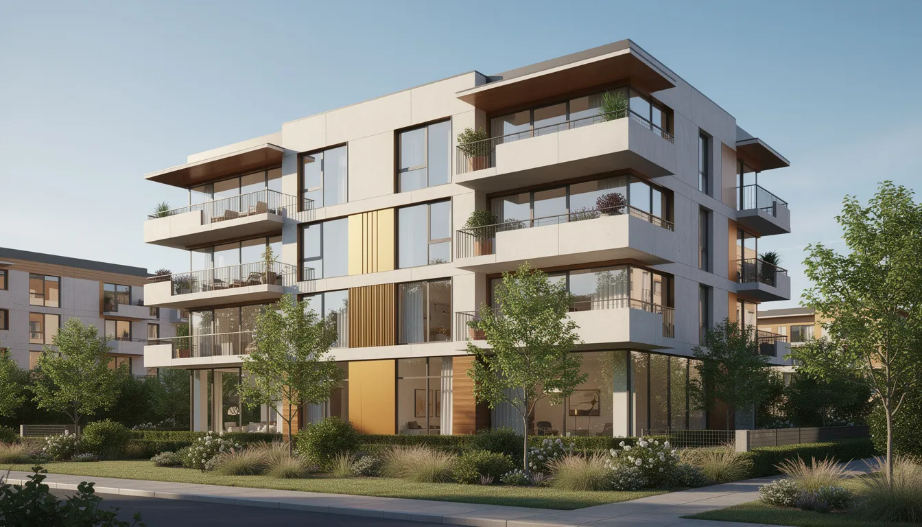 Nowoczesny apartamentowiec otoczony zielenią, z balkonami, który emanuje miejskim stylem. To idealne miejsce dla osób poszukujących wymarzonej nieruchomości w prestiżowej dzielnicy Warszawy, jaką jest Żoliborz.