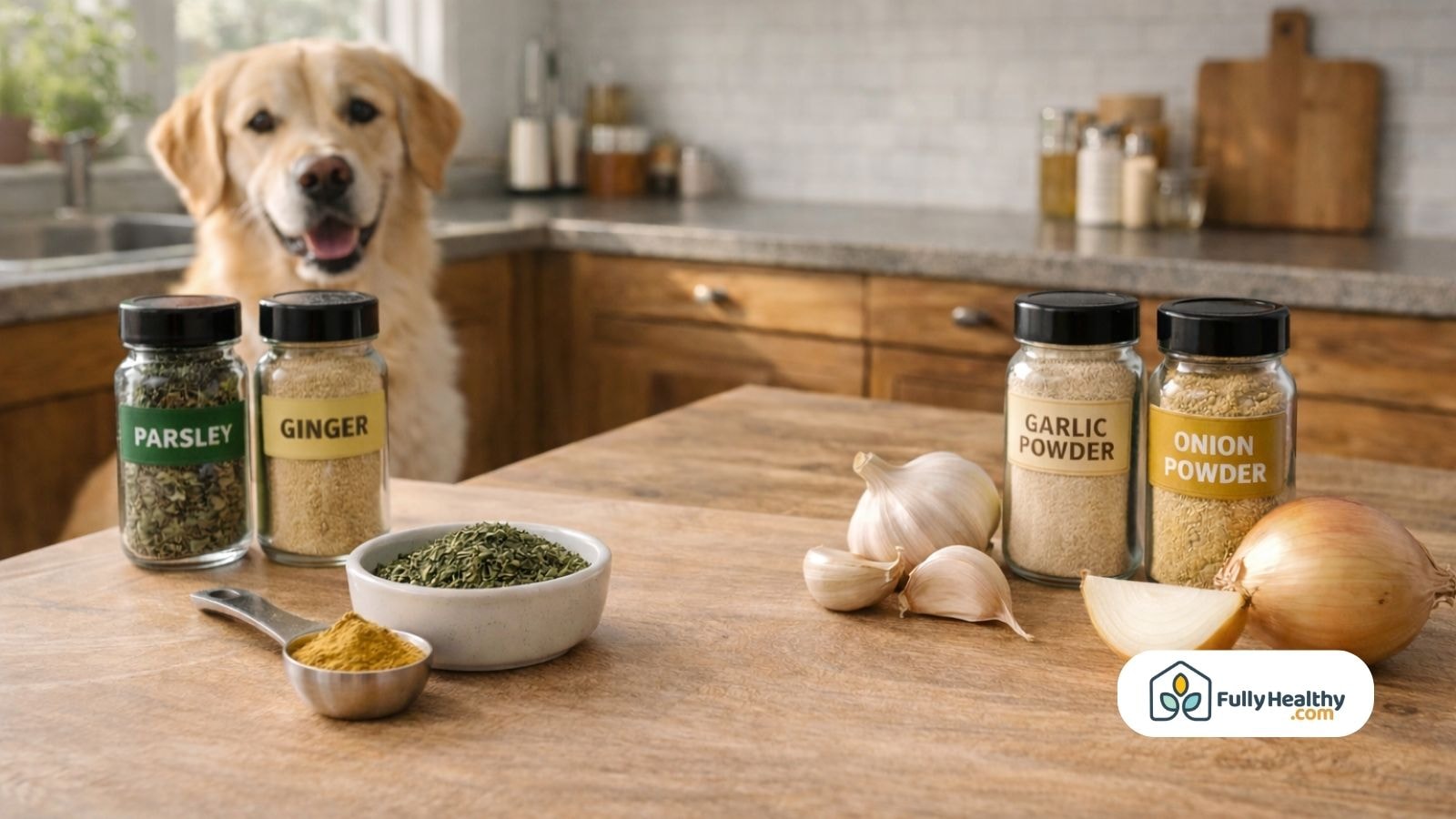 Spices parsley ginger garlic onion powder on counter dog behind