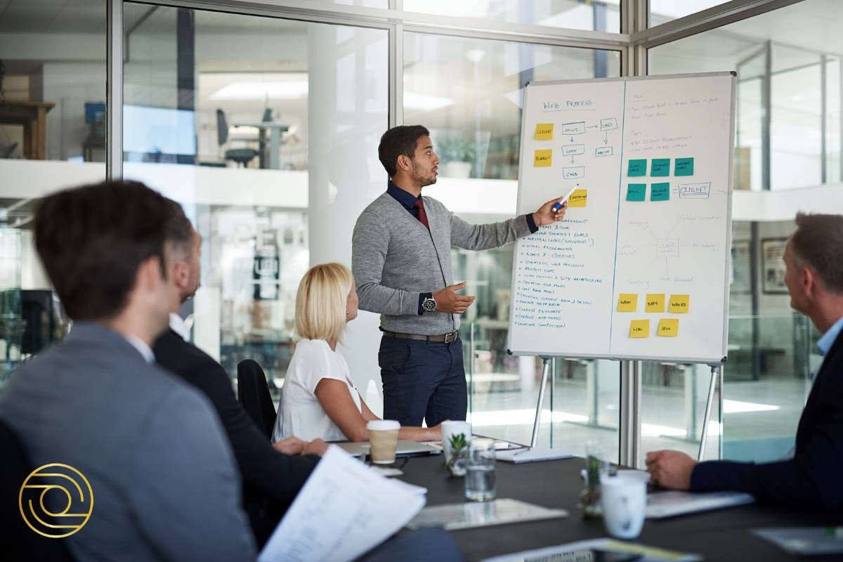 Male professional explaining a web process workflow on a whiteboard to colleagues at ACTIVE© Project Management.