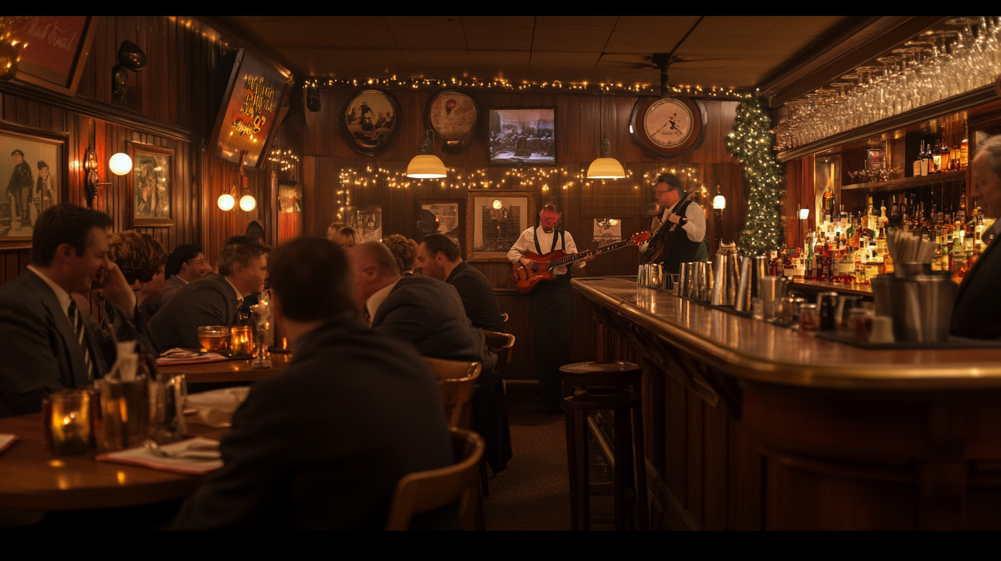 Wisconsin supper club polished wooden bar with people in booths, classic cocktails and old-fashioned glasses, waitstaff in crisp attire serve sizzling steaks and fresh fish fry with a band playing_0