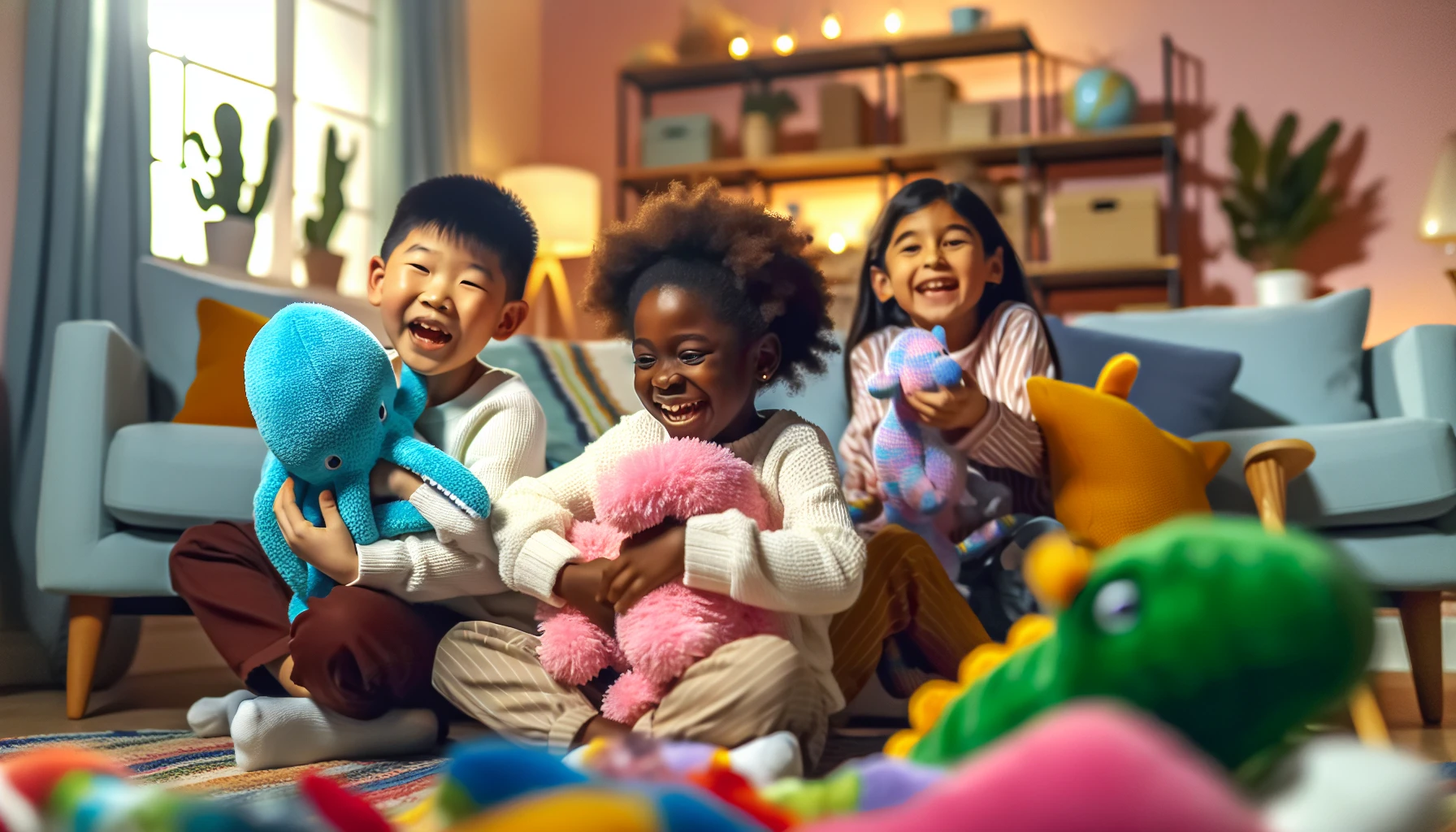 Children happily playing with their favorite Squishmallows