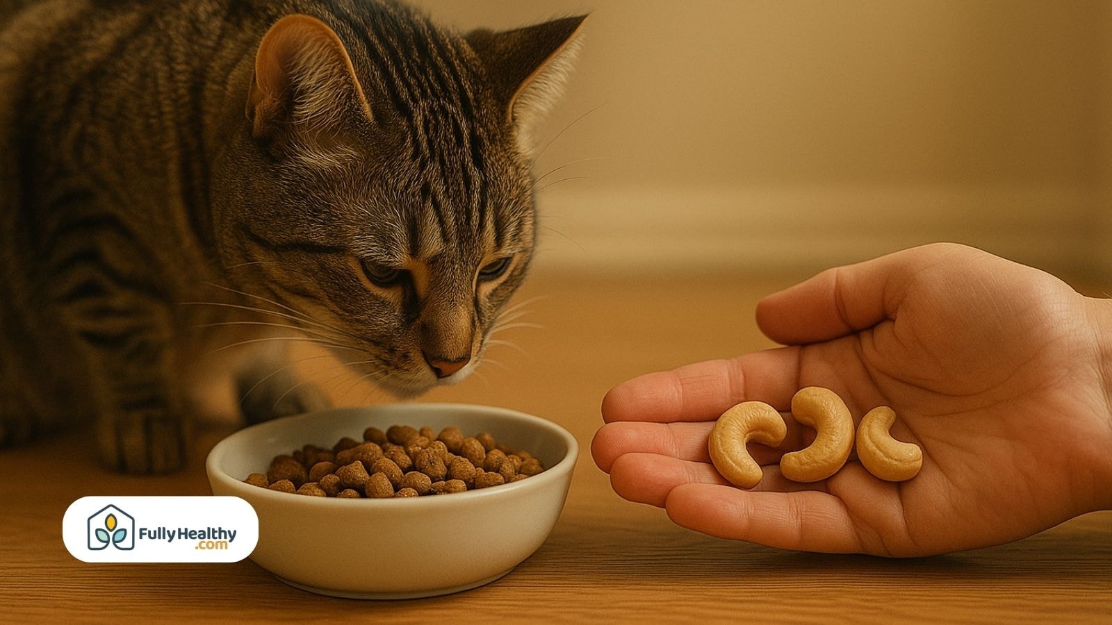 Cat sniffing food bowl beside hand offering three cashew nuts