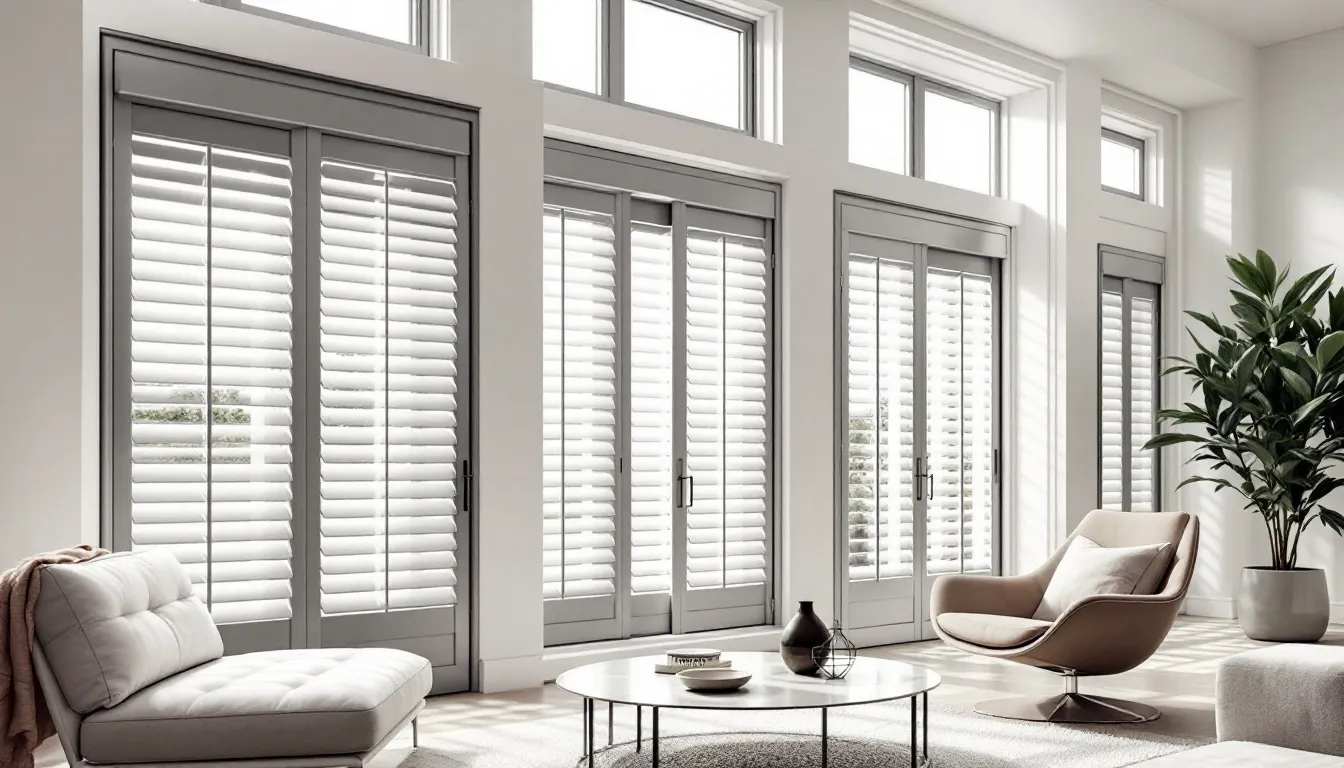 An interior space with aluminium shutters that control light and airflow.