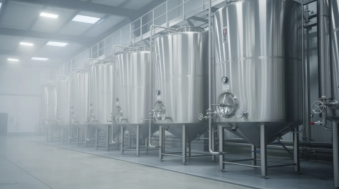 d804ca15 3e09 4536 b097 db768c6e2eb6 The image shows a row of large stainless steel fermentation tanks inside an industrial ethanol production facility, highlighting the fermentation process essential for producing fuel ethanol. These tanks are integral to the ethanol distillation process, where raw materials are converted into high ethanol yield products.