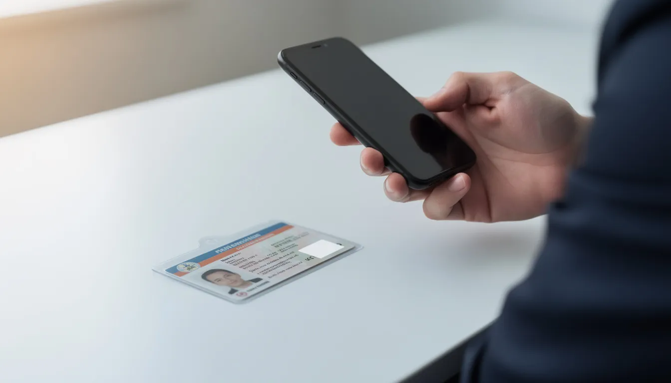 Une personne utilise un smartphone pour scanner une carte d'identité, mettant en avant la technologie NFC pour la vérification des données d'identité. L'image illustre l'interaction entre un document d'identité et les services numériques modernes en France.