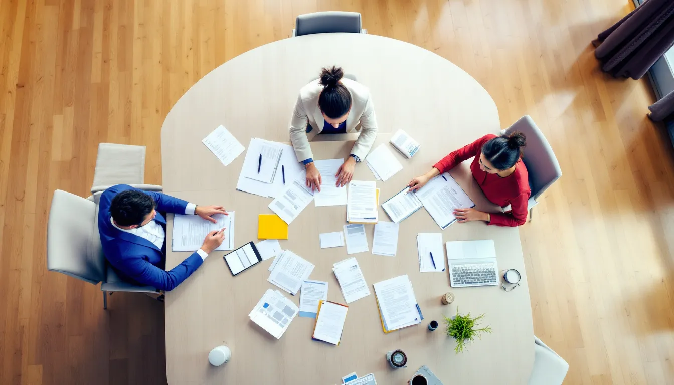 Eine Angestellte sortiert verschiedene Gehaltsnachweise und Dokumente für ihre Steuererklärung. Die Gehaltsabrechnungen sind wichtig, um Einkommensnachweise für die Anmietung einer Wohnung oder andere finanzielle Angelegenheiten vorzulegen.