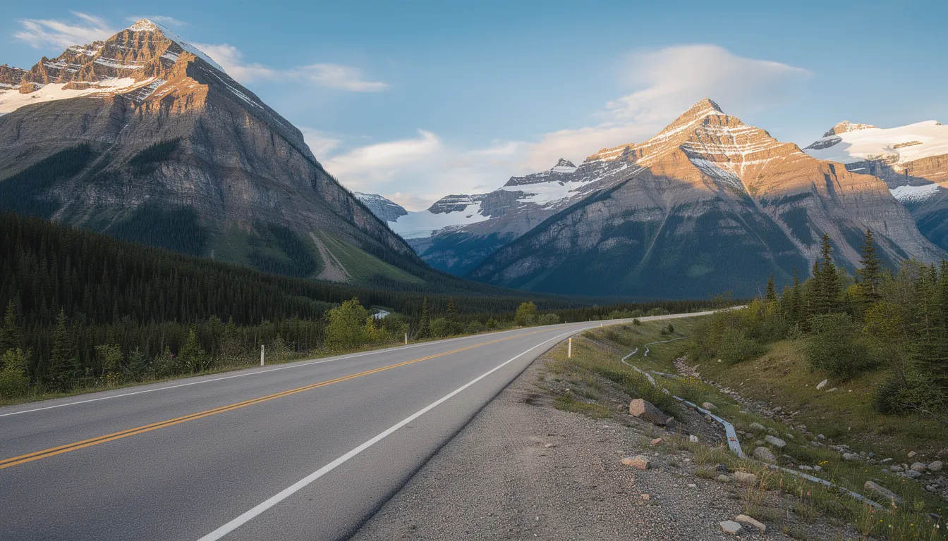 Une route pittoresque serpente à travers les montagnes Rocheuses canadiennes, entourée de forêts de pins et de sommets enneigés. Ce paysage majestueux évoque l'idée d'un road trip inoubliable au Canada, idéal pour ceux qui envisagent une location de voiture pour explorer cette région.