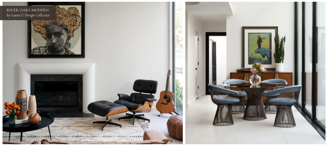A modern living area with a black lounge chair and framed portrait above a sleek fireplace plus a breakfast nook