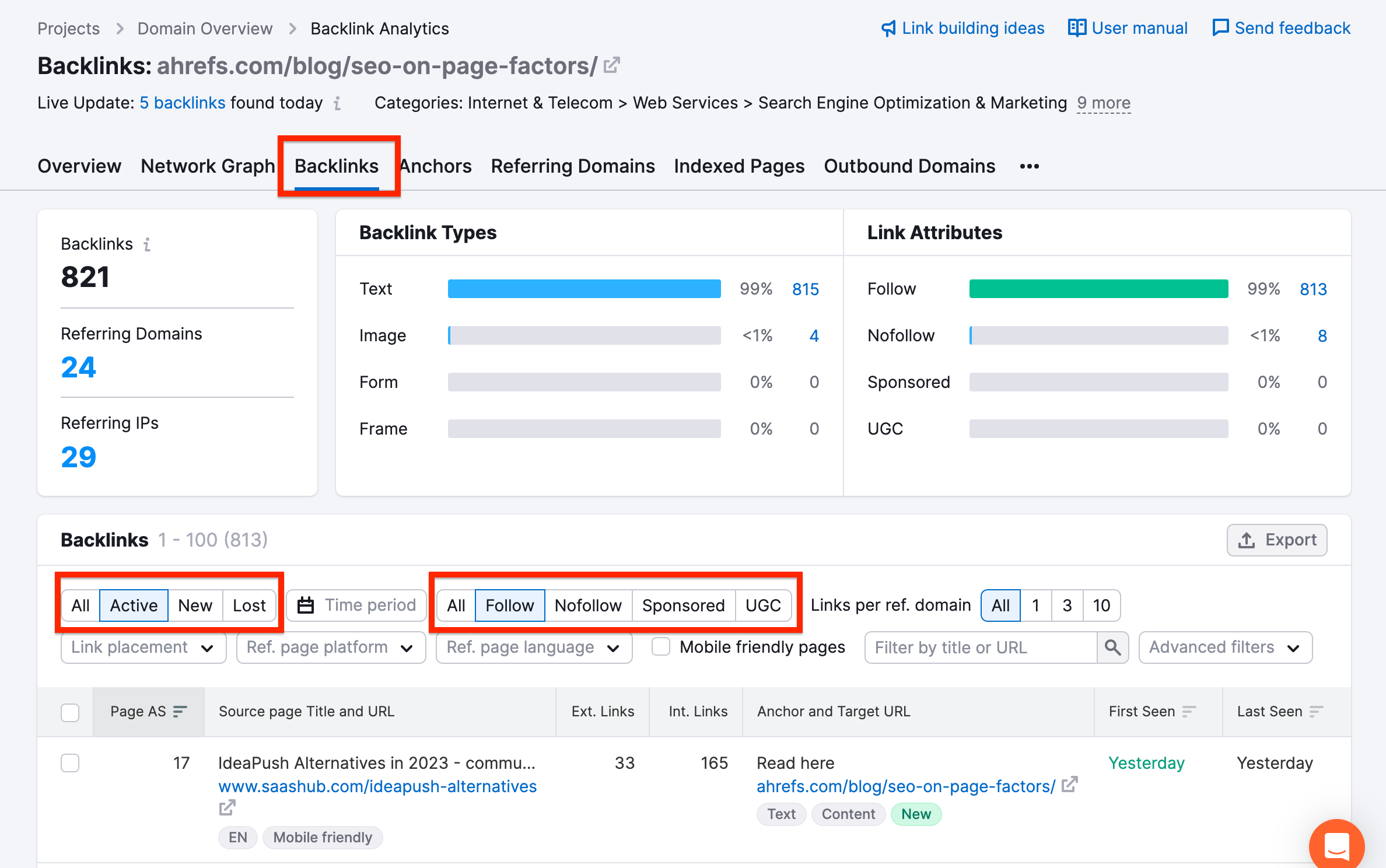 Semrush backlinks filters