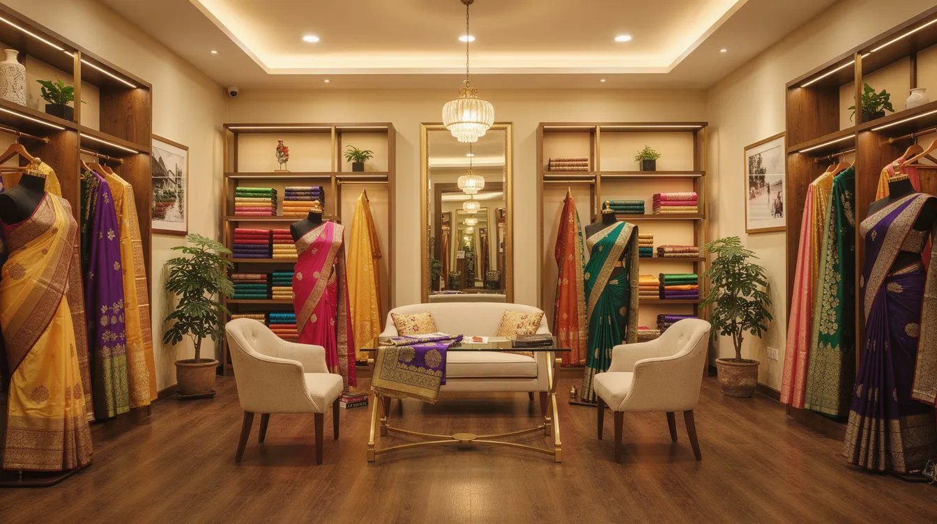 d808c514 aa72 4e88 bc22 80e1a2bea590 The image depicts the interior of an elegant saree boutique, featuring mannequins adorned with beautifully draped sarees under warm lighting, creating an inviting atmosphere for potential customers. This setting reflects the saree business market, showcasing high-quality saree designs that cater to diverse tastes and the latest fashion trends.