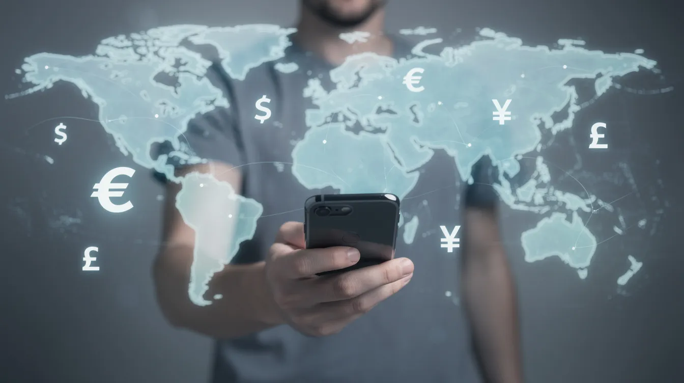 A person is holding a smartphone displaying a world map with various currency symbols in the background, symbolizing global money transfers. This image reflects the convenience of using the HSBC mobile banking app for international payments and sending money abroad.