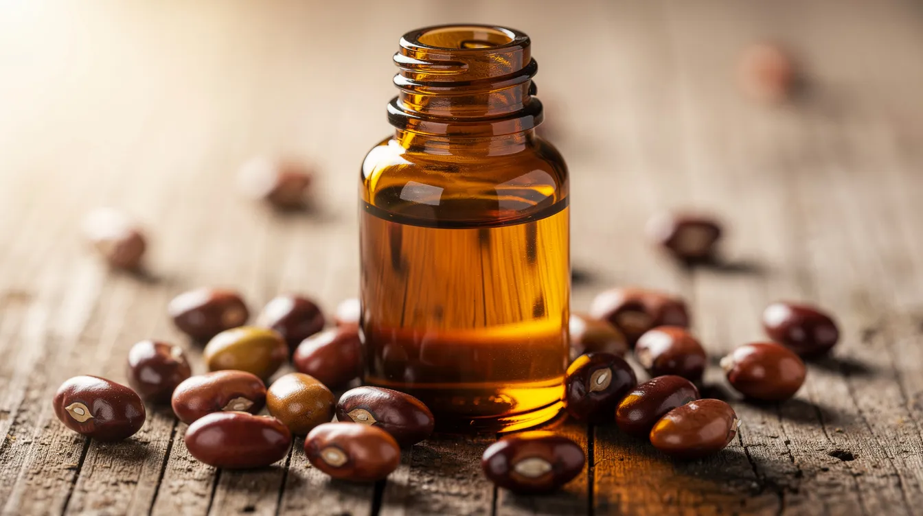A close-up view of an amber glass bottle filled with high-quality organic castor oil, resting on a wooden surface, surrounded by castor beans. The rich, golden oil inside the dark glass bottle is ideal for nourishing treatments, hair care, and skin moisturization.
