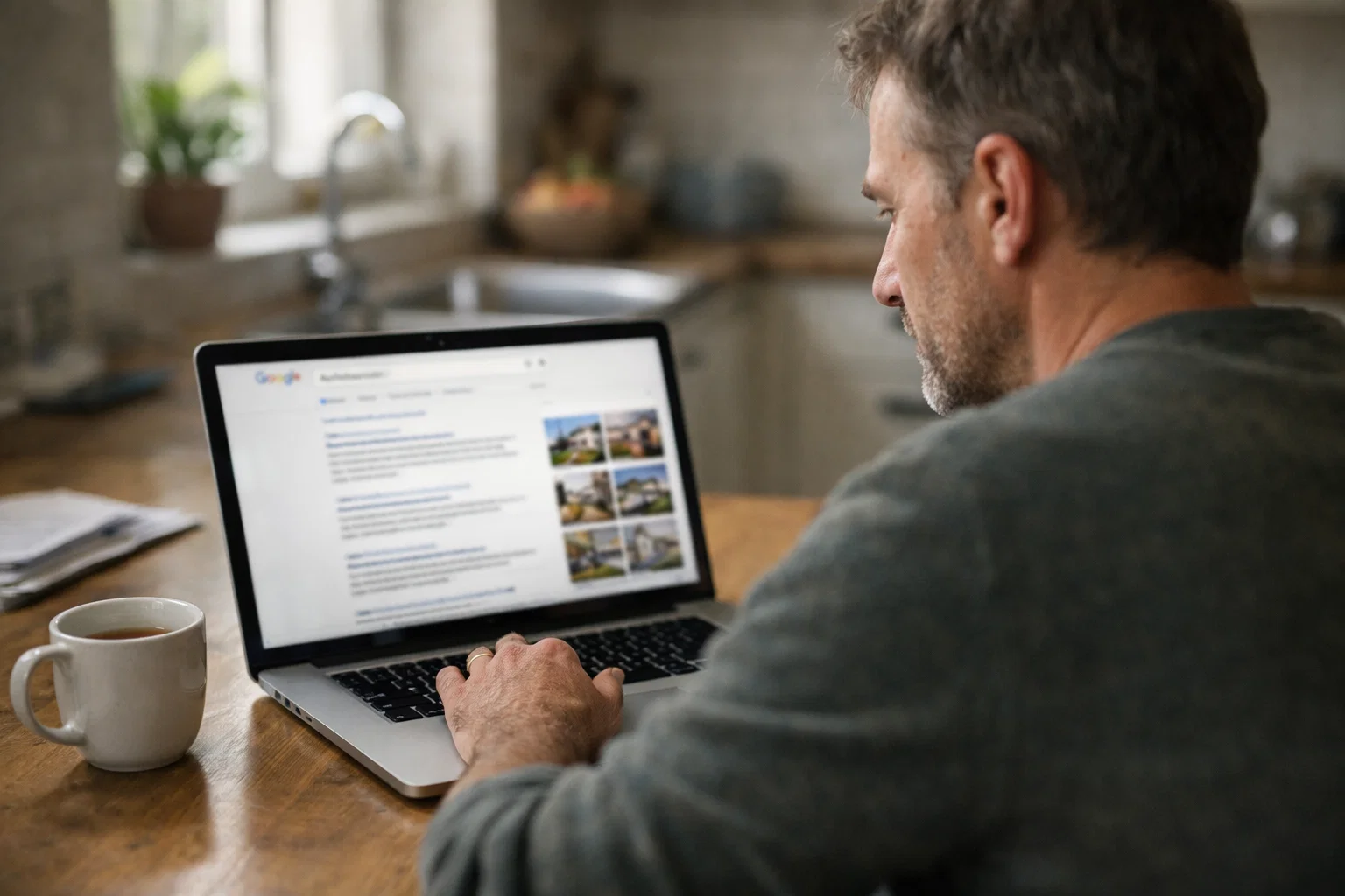 Homeowner searching online for architectural services on laptop