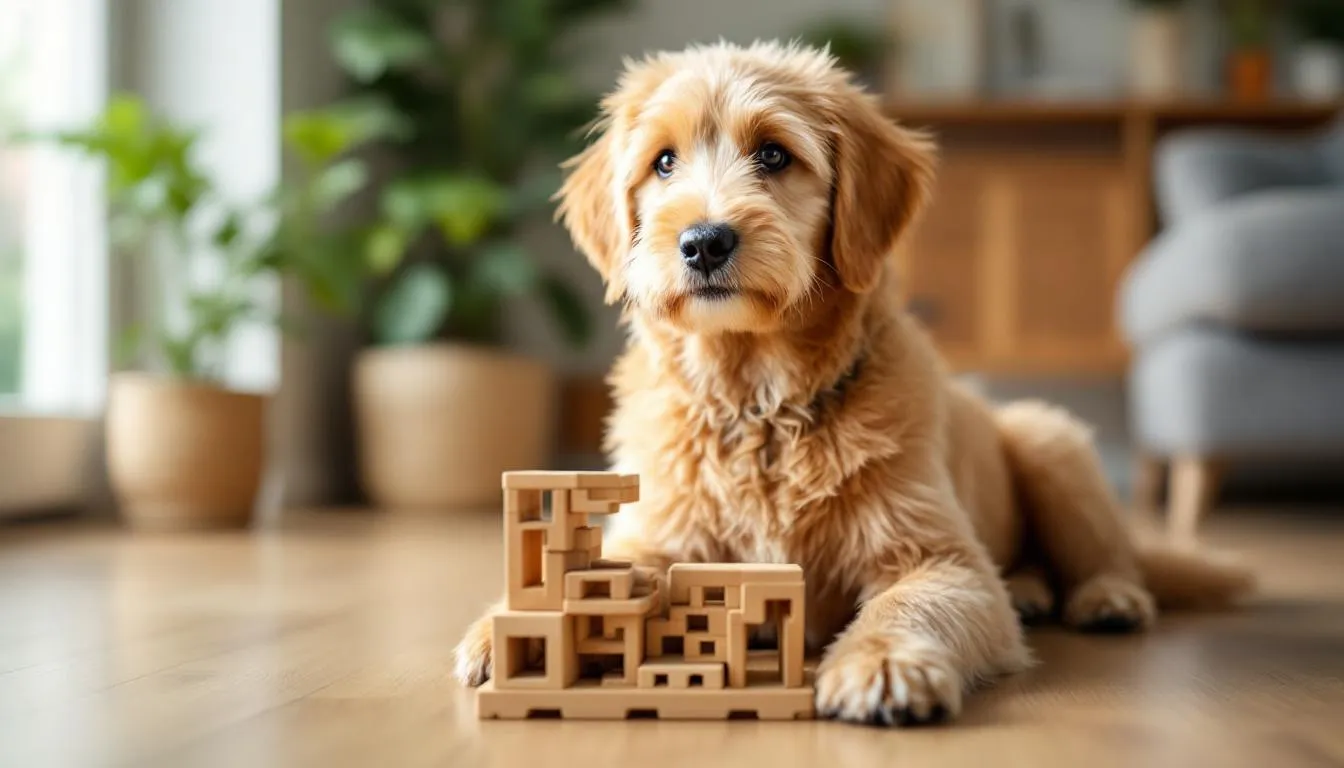 A goldendoodle is intently focused on solving a complex puzzle toy, showcasing the high intelligence and mental stimulation needs of this smart dog breed. This playful and affectionate breed, known for their easy trainability, thrives on engaging activities that challenge their problem-solving abilities.