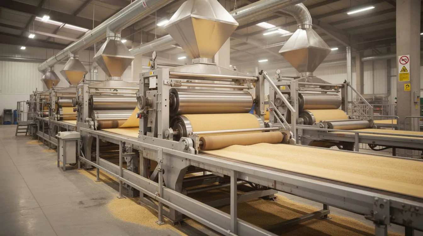 d80be3e0 0f97 47ba 9850 1ecf911c5c56 The image depicts an industrial grain milling facility featuring metal rollers and conveyor belts, essential for pulse processing in a fully automatic dal mill. This setup illustrates the advanced machinery used in the manufacturing project for dal, emphasizing the efficiency and scale of operations in the food processing industry.