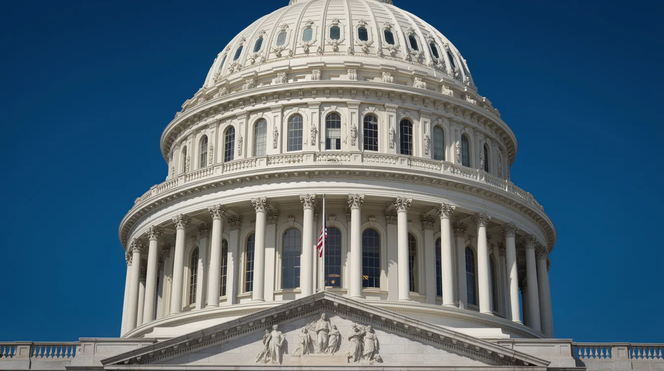 The image features a majestic government building with a prominent dome, set against a vibrant blue sky, symbolizing the regulatory framework surrounding cannabis products and laws in Connecticut, including delta 8 THC and hemp-derived products. The clear sky enhances the grandeur of the architecture, reflecting the state's commitment to responsible and equitable regulation in the cannabis industry.