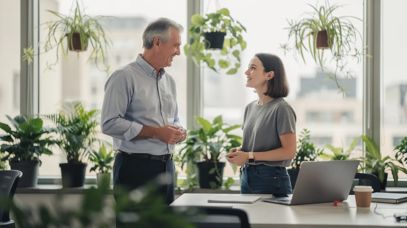 L'image montre un manager et un collaborateur en pleine conversation détendue dans un espace de travail ouvert, agrémenté de plantes vertes. Cet environnement reflète une culture d'entreprise axée sur le bien-être et la collaboration, favorisant l'échange d'idées au sein de l'équipe.
