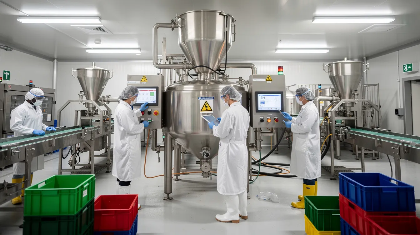 The image shows workers in protective gear operating industrial food processing machinery on a factory floor, focusing on the production process of flattened rice, or poha. The machinery, including a roaster machine and various equipment, is designed to ensure quality and efficiency in the poha manufacturing unit, reflecting the importance of temperature control and automation in maintaining product quality.