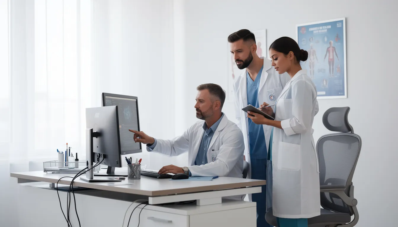 Un equipo de profesionales de la salud trabaja en un consultorio moderno, utilizando computadoras y herramientas tecnológicas para optimizar la práctica médica. La integración de inteligencia artificial y sistemas de historia clínica electrónica les ayuda en la toma de decisiones y mejora la atención al paciente.