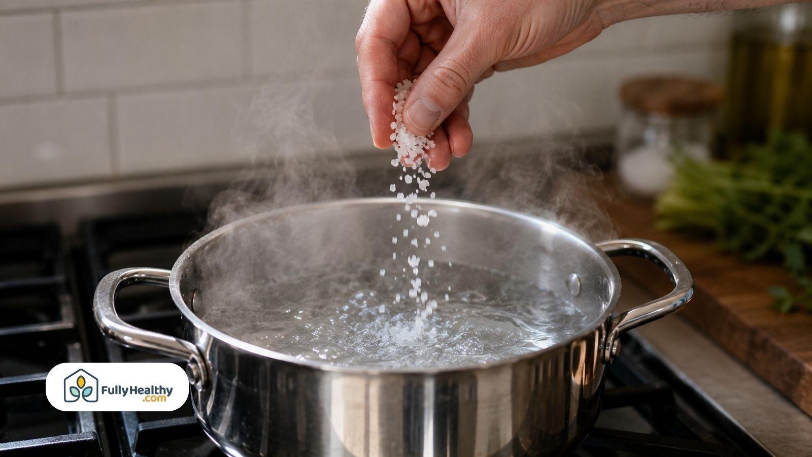 Hand sprinkling coarse salt into steaming pot of boiling water on stovetop