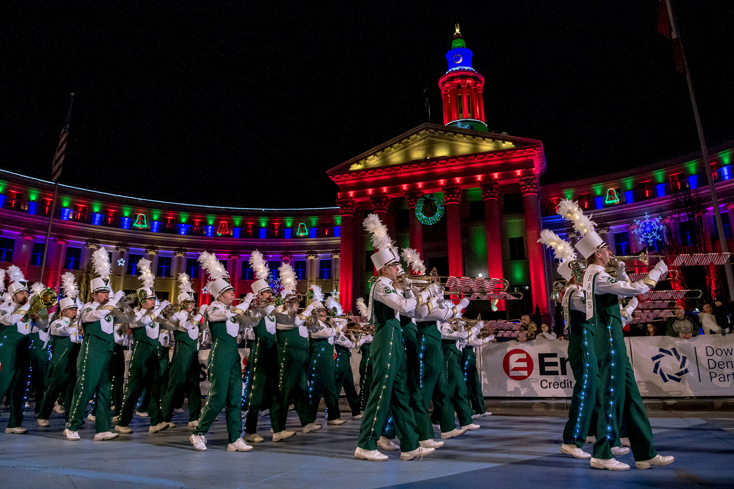 A marching band at the Denver Parade of Lights 