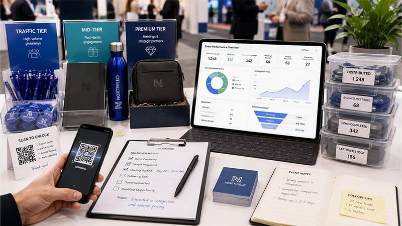 Trade show swag distribution setup with branded promotional products, QR code scanning, attendee tracking, and event giveaway management tools