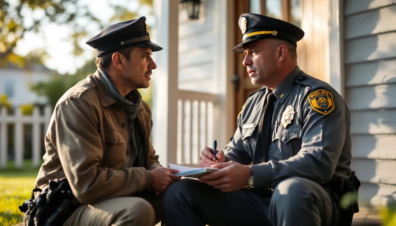 Een politieagent maakt aantekeningen terwijl hij in gesprek is met een bezorgde huiseigenaar bij de voordeur van een huis. Dit gesprek kan gaan over een strafbaar feit, zoals inbraak of diefstal, waarbij de huiseigenaar mogelijk slachtoffer is geworden.