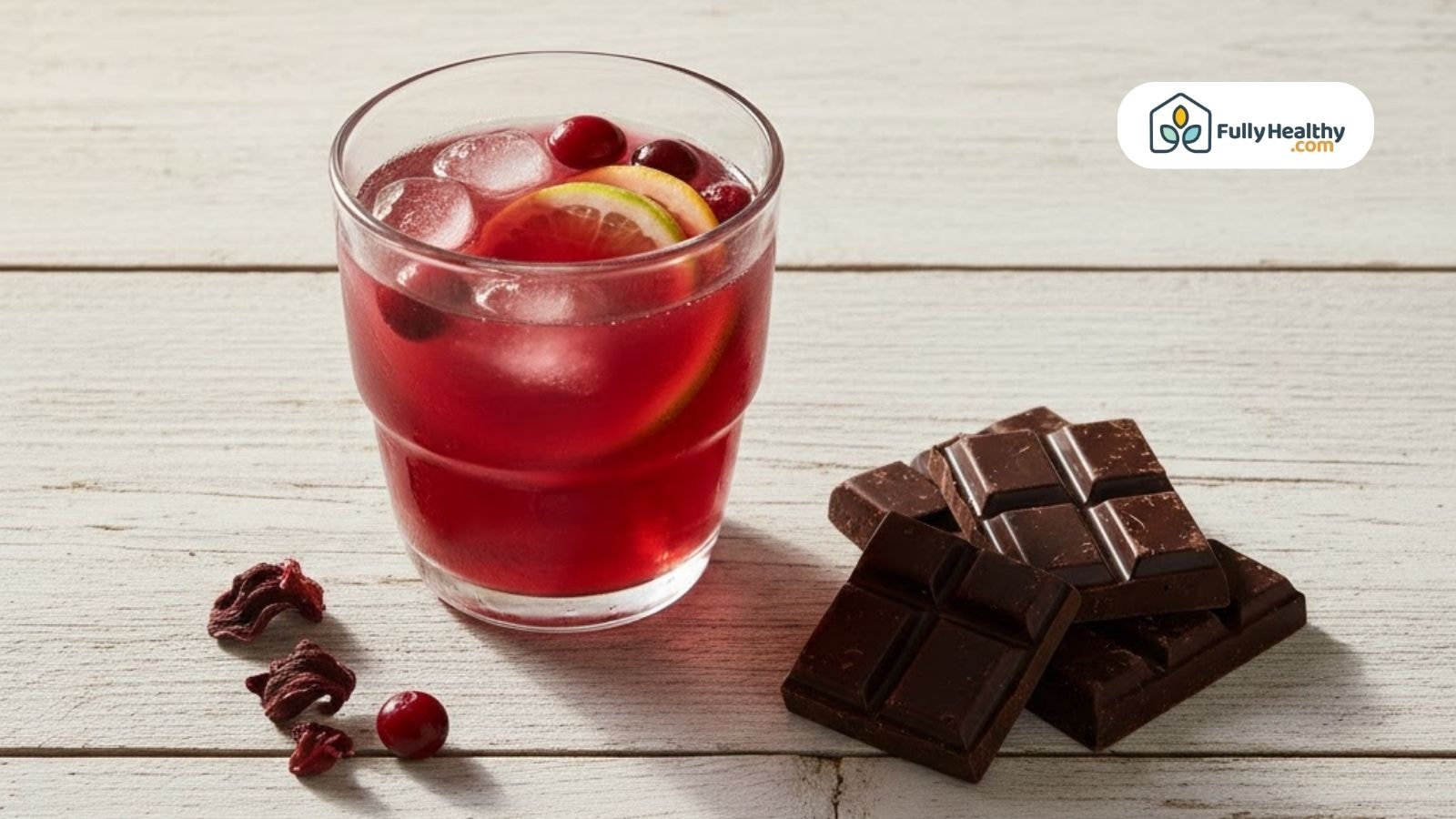 Iced hibiscus tea served chilled with citrus slices and dark chocolate.