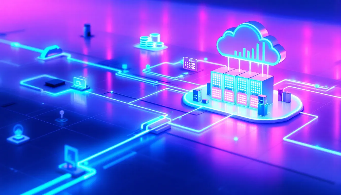 The image depicts a modern cloud infrastructure showcasing automated data pipelines that seamlessly connect various data sources to a central data warehouse. It illustrates the data integration process, highlighting data flows and transformation capabilities typical of solutions like Azure Data Factory and Fivetran.