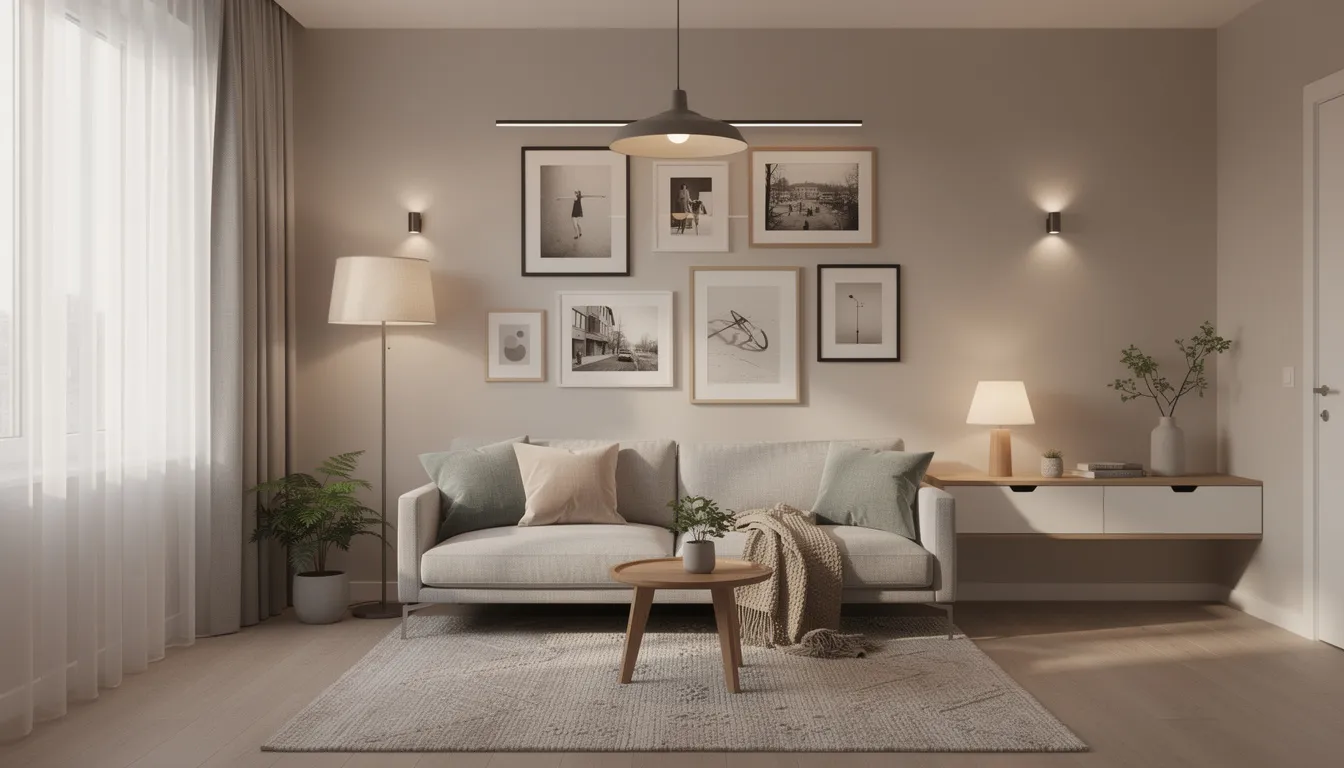 The image depicts a stylish compact apartment featuring modern furniture, including a multifunctional dining table and a cozy coffee table, arranged to maximize valuable floor space. A gallery wall adorned with wall art adds visual interest, while layered ambient lighting enhances the room's openness and creates a warm, inviting atmosphere.