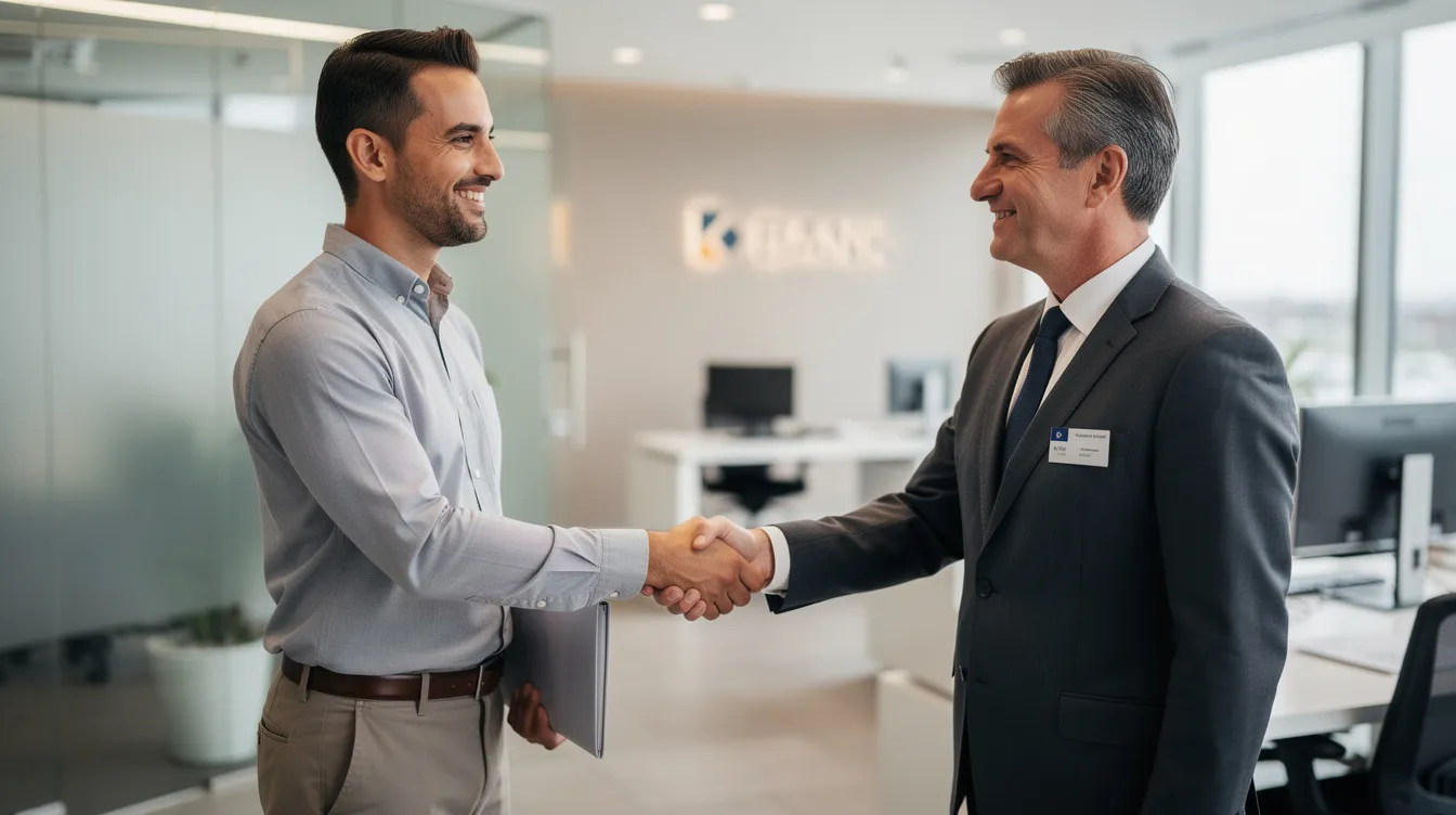 d8179c2a 7842 4460 8208 5d363d5ebdf5 The image depicts a confident small business owner shaking hands with a bank official inside a bank office, symbolizing the successful approval of a mudra loan. This moment reflects the importance of a clear business plan and strong repayment capacity in securing financial support for small and micro businesses.