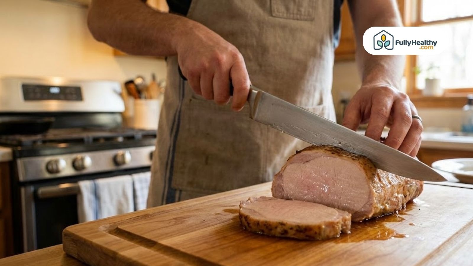 Person slicing juicy pork roast on wooden cutting board in kitchen