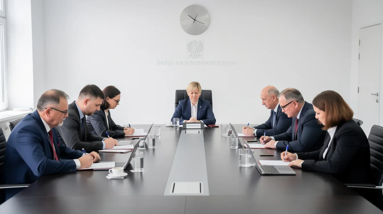 Na zdjęciu widoczna jest komisja egzaminacyjna złożona z członk&oacute;w komisji kwalifikacyjnej, kt&oacute;rzy zasiadają przy stole konferencyjnym, omawiając kwestie związane z oceną pracy nauczyciela oraz podniesieniem jakości pracy szkoły. Atmosfera jest poważna, a na stole leżą dokumenty dotyczące przepis&oacute;w prawa oświatowego oraz karty nauczyciela.