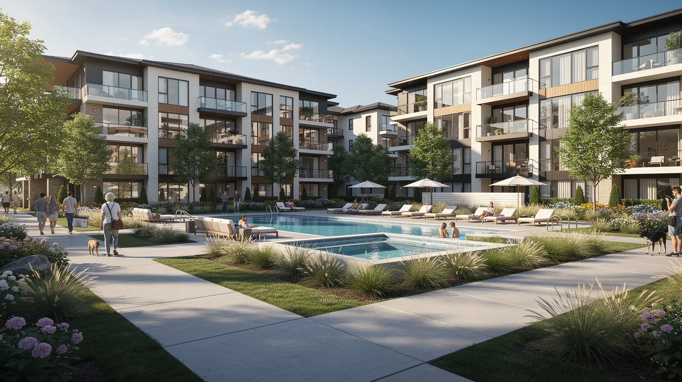 The image depicts a modern residential community featuring landscaped walking paths, a vibrant pool area, and contemporary apartment buildings, illustrating a strong brand identity in real estate development. This inviting environment highlights the appeal of property branding and the potential for attracting investors and home buyers.