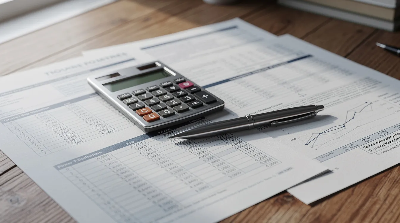 A close-up view of a calculator, a pen, and various financial papers is arranged neatly on a wooden desk, suggesting a focus on investment properties and real estate projects. This scene reflects the meticulous planning often necessary for active real estate investors, particularly in the Louisiana real estate market.