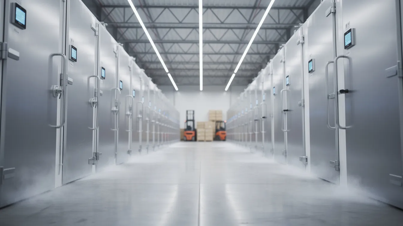 The image shows rows of cold storage units inside a large industrial warehouse, designed for the dairy processing sector. These units are essential for preserving quality dairy products, such as pasteurized milk and flavored milk, in the milk processing plant setup.