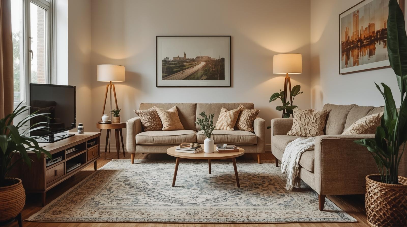 Small appartment living room with a natural and cost feel, neutral colored furniture, textured pillows, wooden accents and a patterned rug