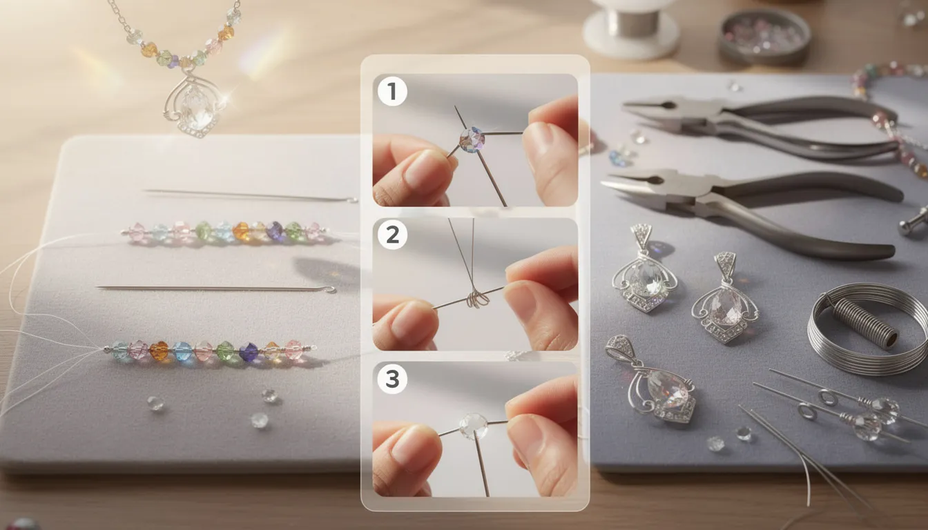 The image showcases a variety of crystal beads in different shapes and colors, beautifully arranged alongside tools for jewellery making. These sparkling beads, perfect for creating stunning necklaces and bracelets, reflect light and highlight the elegance of intricate designs.