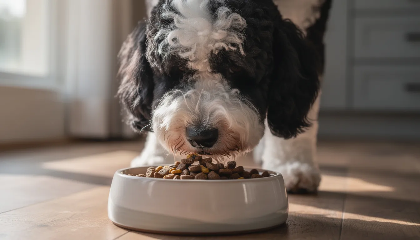 A fluffy Sheepadoodle with a black and white coat is happily eating high-quality dog food from a bowl, showcasing its playful temperament and affectionate nature. This family dog enjoys mealtime, embodying the best qualities of its hybrid breed, which combines the traits of both Old English Sheepdogs and Poodles.