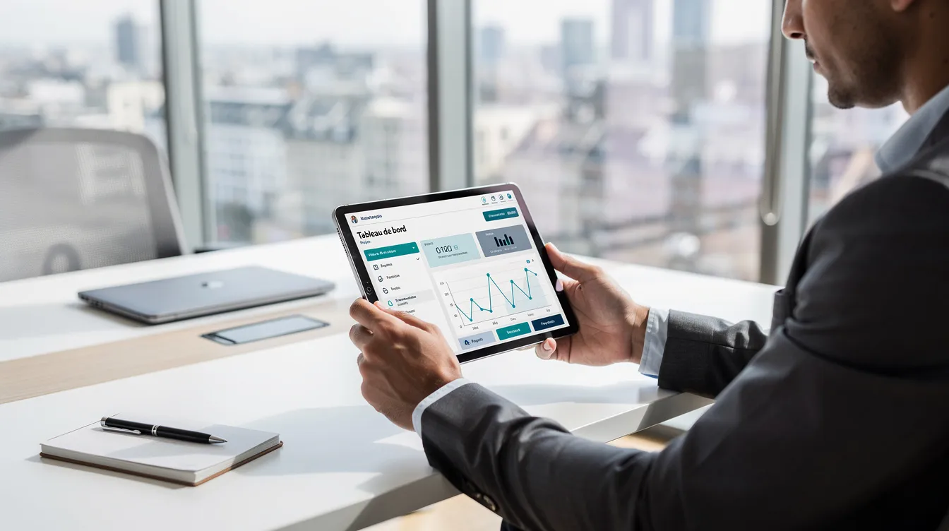 Une personne utilise une tablette pour gérer une application professionnelle dans un bureau moderne.