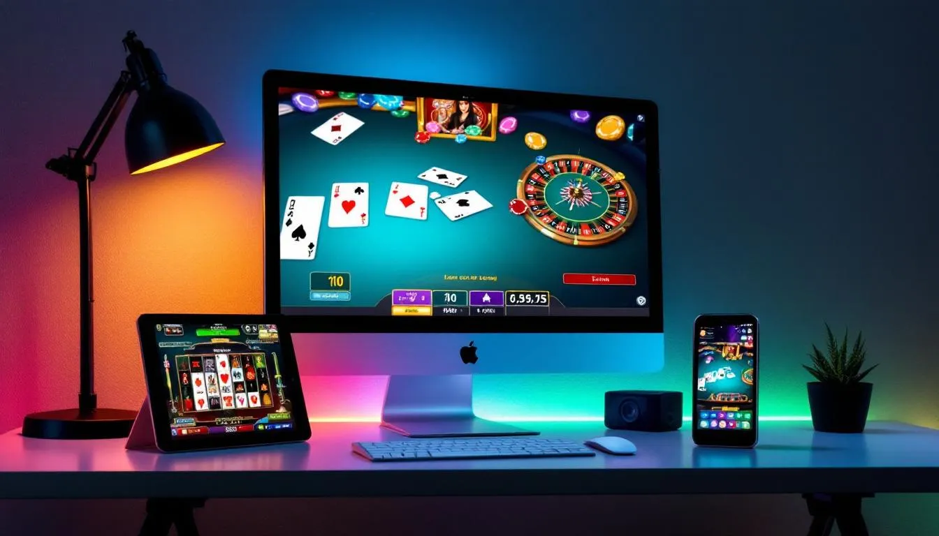 En bild som visar olika casinospel som spelas på flera enheter, inklusive en stationär dator, en surfplatta och en smartphone. Spelare kan njuta av utländska casinon online med möjlighet till skattefria vinster och snabba uttag.