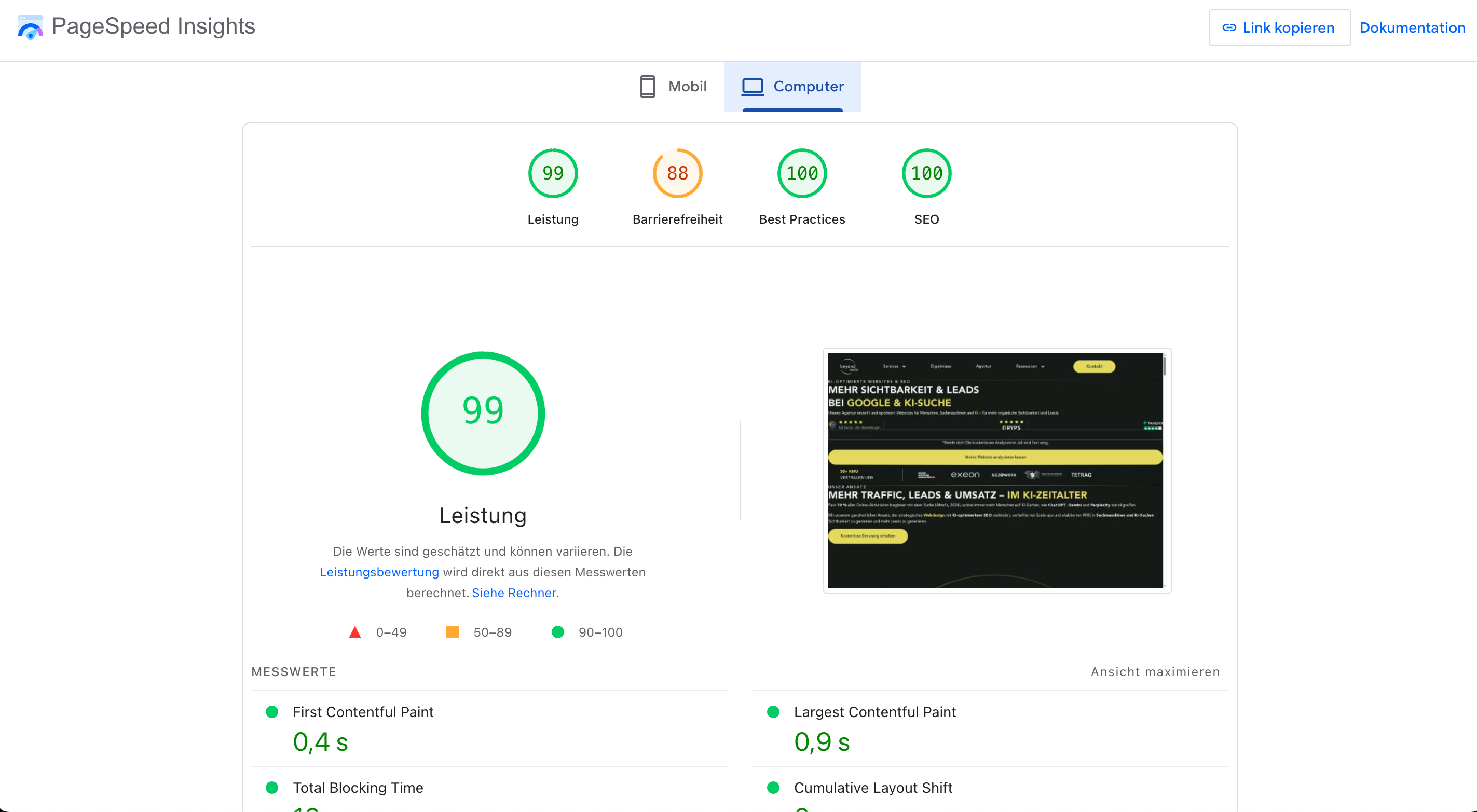 Screenshot aus Google PageSpeed Insights
