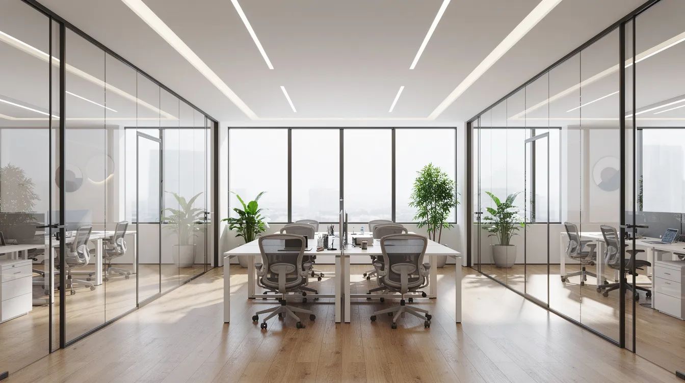 The image depicts a modern commercial office space featuring sleek glass partition walls and recessed lighting, designed to enhance the tenant's experience. This leased space is ideal for attracting quality tenants and may involve tenant improvements supported by a tenant improvement allowance.