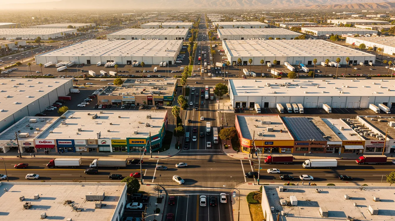 An aerial view captures a bustling commercial and industrial district in California, showcasing a mix of warehouses and small storefronts that highlight the vibrant market competition among local businesses. This scene reflects the dynamic landscape where California's antitrust laws, such as the Cartwright Act, aim to promote fair competition and protect consumers.