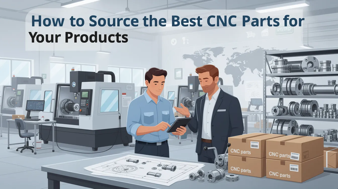 The image illustrates a guide on sourcing the best CNC parts for various products, showcasing essential elements like CNC machining processes, quality control standards, and the role of reliable CNC machining companies in producing high precision parts. It emphasizes the importance of good communication and quality assurance in ensuring tight tolerances and fine details in custom parts manufacturing.