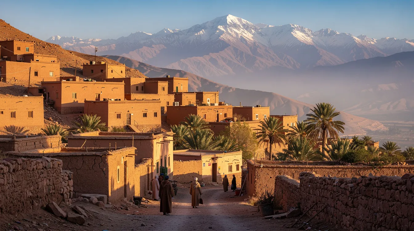The image depicts a traditional Moroccan village nestled against the backdrop of the majestic Atlas Mountains, showcasing earthy-toned buildings and winding pathways. This serene landscape highlights the cultural richness of Morocco, where cash remains essential for daily expenses, especially in local markets and smaller vendors.