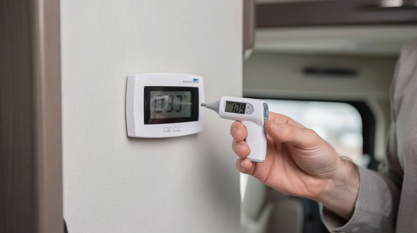 A person is holding a small digital thermometer next to an RV wall thermostat, comparing the temperature readings to ensure the smart RV thermostat is functioning properly. The image highlights the importance of testing the RV's heating and cooling system for troubleshooting any potential issues with the air conditioner or furnace.